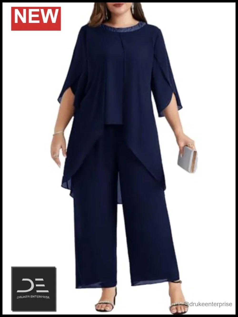 Plus Size Mother of Bride 2 Piece Chiffon Pant Suit Wedding Guest Outfit